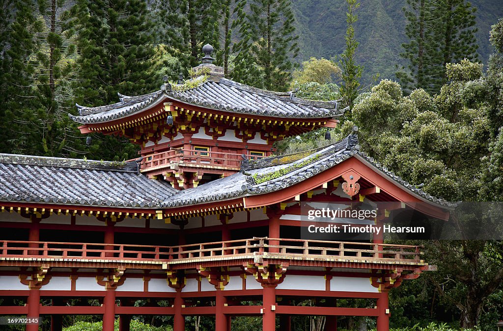 Ornate temple with forest backdrop