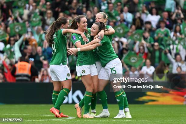 Lucy Quinn of Republic of Ireland celebrates with team mates after scoring their sides first goal during the UEFA Women's Nations League match...