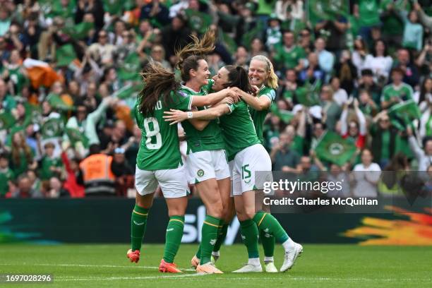 Lucy Quinn of Republic of Ireland celebrates with team mates after scoring their sides first goal during the UEFA Women's Nations League match...