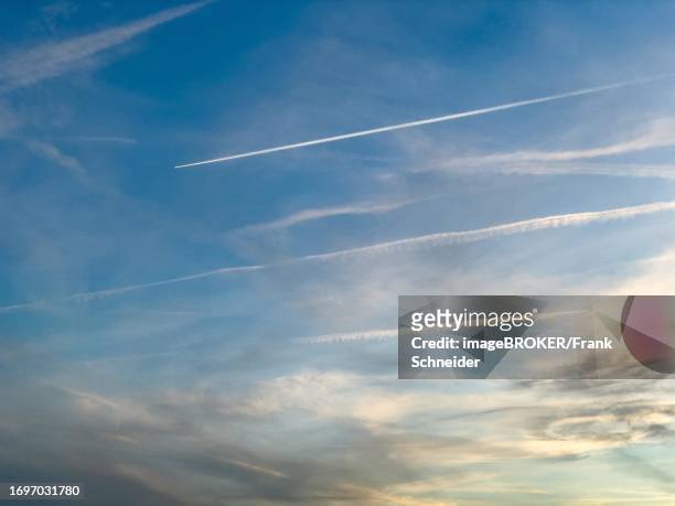 Sky shortly in front of dusk with veil clouds cirrostratus and contrails from air traffic, at the top of the picture aeroplane passenger plane leaves fresh contrail, Germany