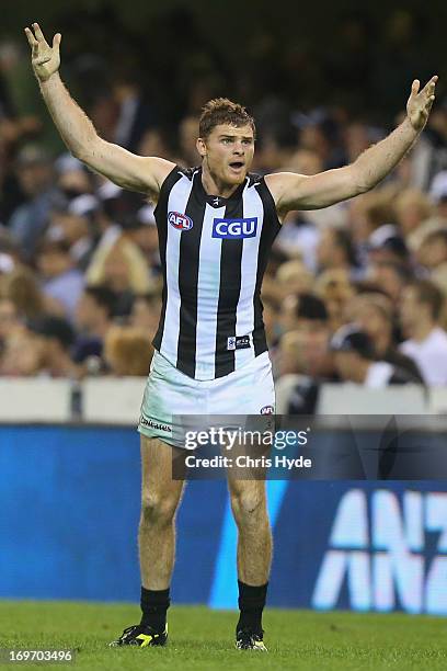 Heath Shaw of the Magpies reacts during the round ten AFL match between the Brisbane Lions and the Collingwood Magpies at The Gabba on May 31, 2013...