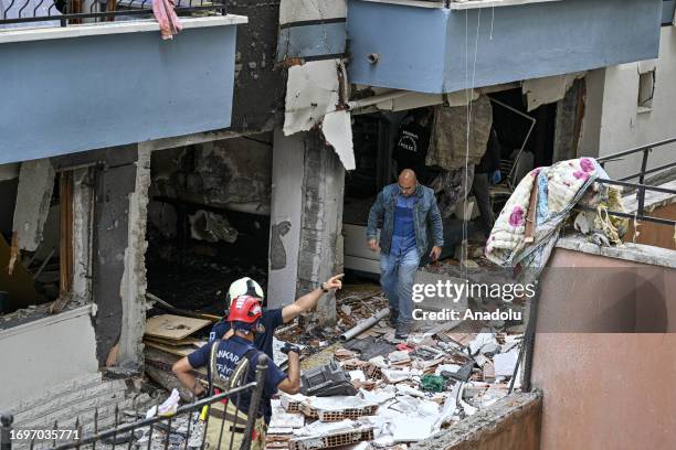 View of damaged site as personnel conduct inspection works after an explosion caused by natural gas compression on a 6-storey apartment building in...