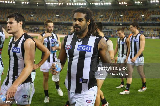 Hertier O'Brien of the Magpies celebrates winning the round ten AFL match between the Brisbane Lions and the Collingwood Magpies at The Gabba on May...