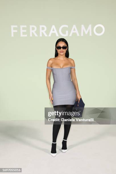 Amina Muaddi attends the Ferragamo Spring Summer 2024 fashion show on September 23, 2023 in Milan, Italy.