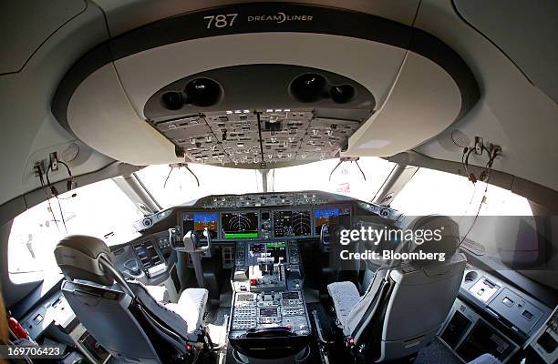 Dreamliner logo sits on a panel above the cockpit flight deck of a Boeing Co. 787 Dreamliner aircraft, operated by Thomson Airways, at Manchester...