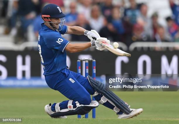 Sam Hain of England hits a four off the bowling of Josh Little during the 2nd One Day International between England and Ireland at Trent Bridge on...