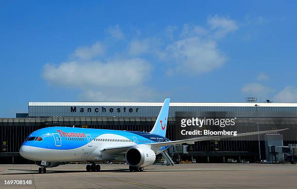 Boeing Co. 787-8 Dreamliner aircraft, operated by Thomson Airways, taxis on the tarmac after landing at Manchester Airport in Manchester, U.K., on...