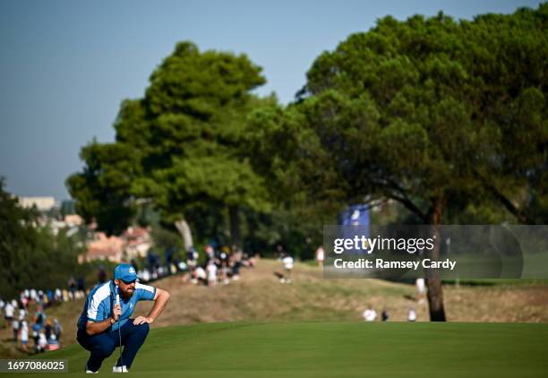 Rome , Italy - 29 September 2023; Shane Lowry of Europe lines up a putt on the sixth green during the morning foursomes matches on day one of the...