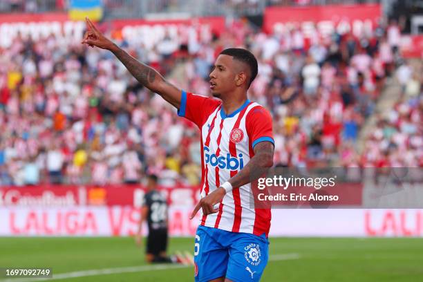 Savio of Girona celebrates after scoring the team's fifth goal during the LaLiga EA Sports match between Girona FC and RCD Mallorca at Montilivi...