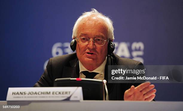 Hans-Joachim Eckert, Chairman of the FIFA Adjudicatory Chamber talks to the media during the 63rd FIFA Congress press Conference at the Swami...