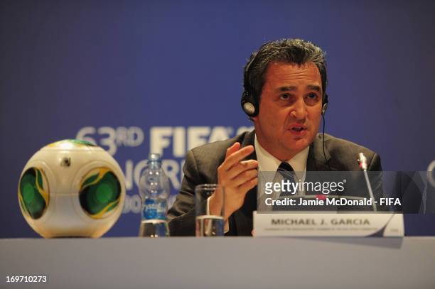 Michael J Garcia, Chairman of the investigatory chamber of the FIFA Ethics Committee talks to the media during the 63rd FIFA Congress press...