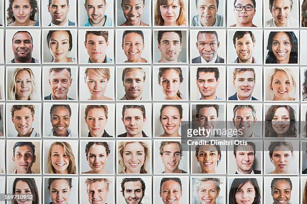 multi-racial grid of portrait prints, all ages - large group of objects stock pictures, royalty-free photos & images