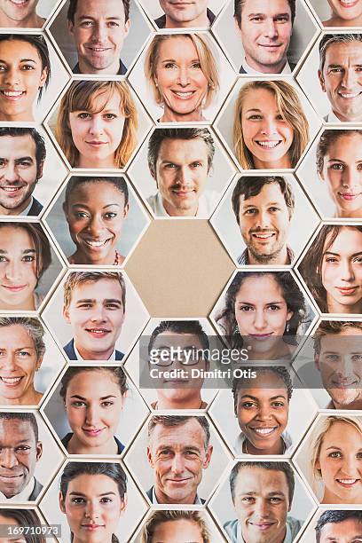 grid of hexagonal portraits, one position vacant - missing persons stock pictures, royalty-free photos & images