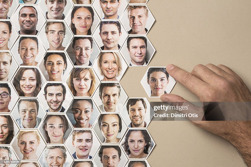 Grid of hexagonal portraits, hand adding new one