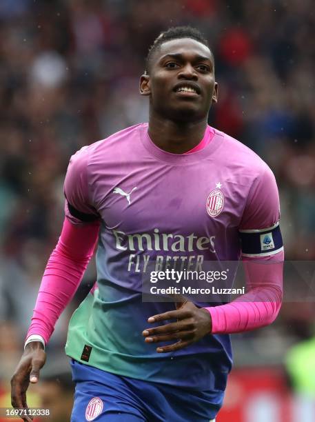 Rafael Leao of AC Milan celebrates after scoring the opening goal during the Serie A TIM match between AC Milan and Hellas Verona FC at Stadio...