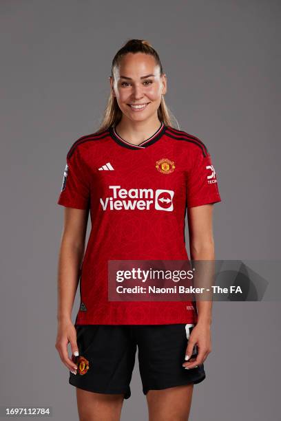 Irene Guerrero of Manchester United poses during the Super League Headshots 2023/24 portrait session at Carrington Training Ground on September 15,...