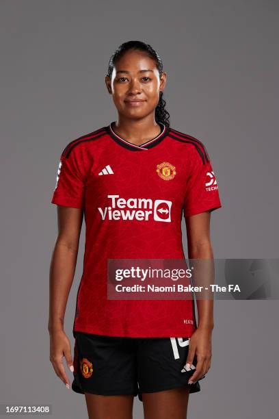 Jayde Riviere of Manchester United poses during the Super League Headshots 2023/24 portrait session at Carrington Training Ground on September 15,...