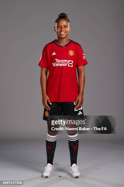 Nikita Parris of Manchester United poses during the Super League Headshots 2023/24 portrait session at Carrington Training Ground on September 15,...