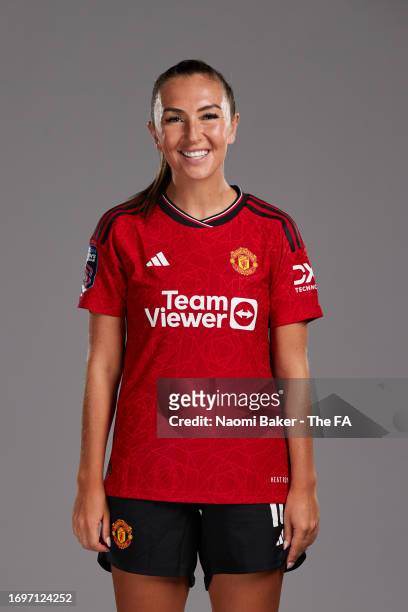 Katie Zelem of Manchester United poses during the Super League Headshots 2023/24 portrait session at Carrington Training Ground on September 15, 2023...