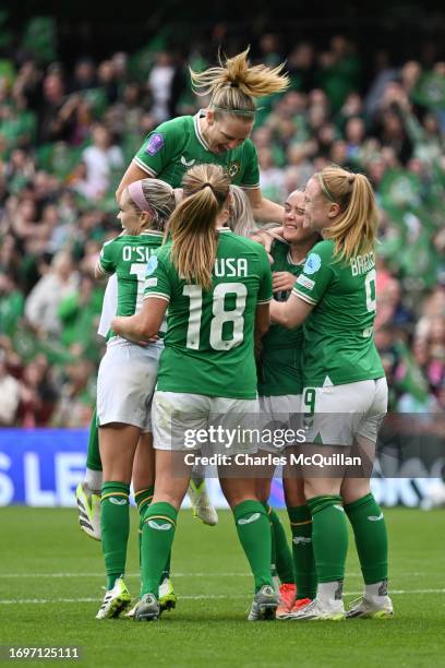 Lily Agg of Republic of Ireland celebrates with team mates after scoring their sides third goal during the UEFA Women's Nations League match between...