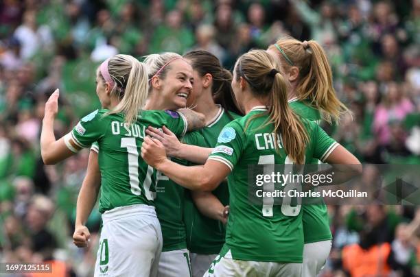 Lily Agg of Republic of Ireland celebrates with team mates after scoring their sides third goal during the UEFA Women's Nations League match between...