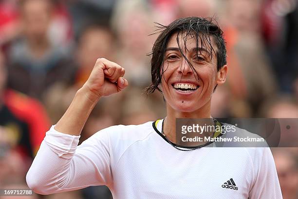 Francesca Schiavone of celebrates match point in her Women's Singles match against Kirsten Flipkens of Belgium on day six of the French Open at...