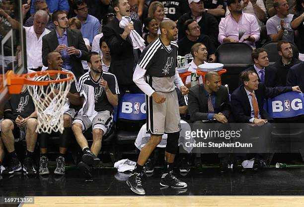 Tim Duncan of the San Antonio Spurs reacts against the Memphis Grizzlies during Game One of the Western Conference Finals of the 2013 NBA Playoffs at...