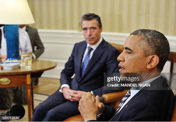 President Barack Obama speaks following a meeting with NATO Secretary General Anders Fogh Rasmussen in the Oval Office of the White House on May 31,...