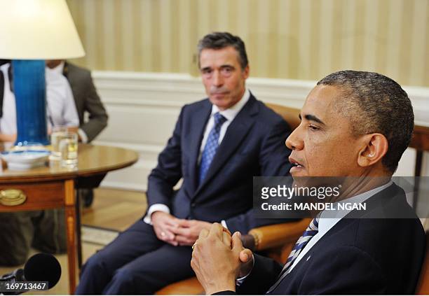 Secretary General Anders Fogh Rasmussen speaks following a meeting with US President Barack Obama in the Oval Office of the White House on May 31,...