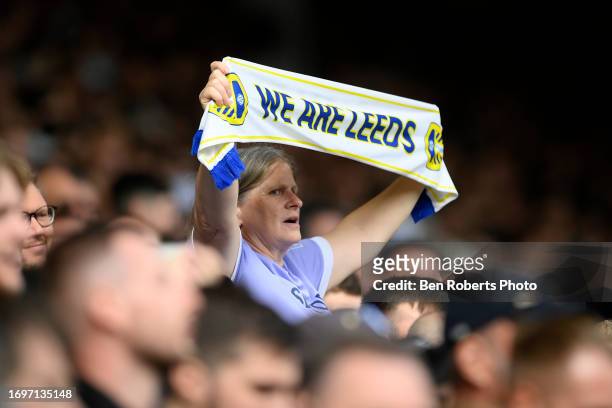 Leeds United fan holding scarf ahead of the Sky Bet Championship match between Leeds United and Watford at Elland Road on September 23, 2023 in...