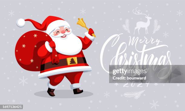 happy santa claus with red bag and bell in the hand - waving banner stock illustrations