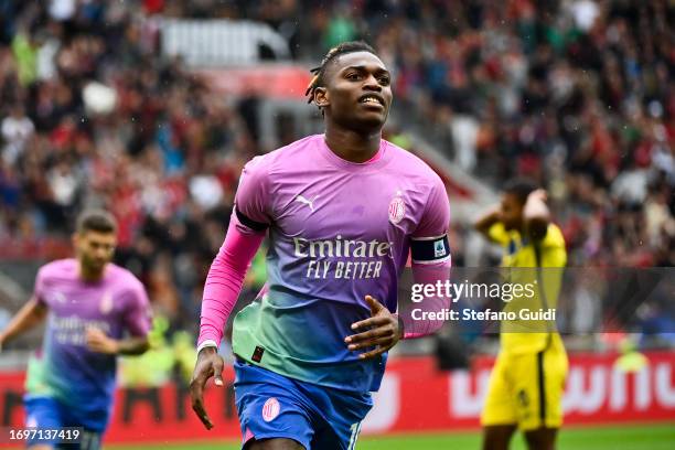 Rafael Leao of AC Milan celebrates a goal during the Serie A TIM match between AC Milan and Hellas Verona FC at Stadio Giuseppe Meazza on September...