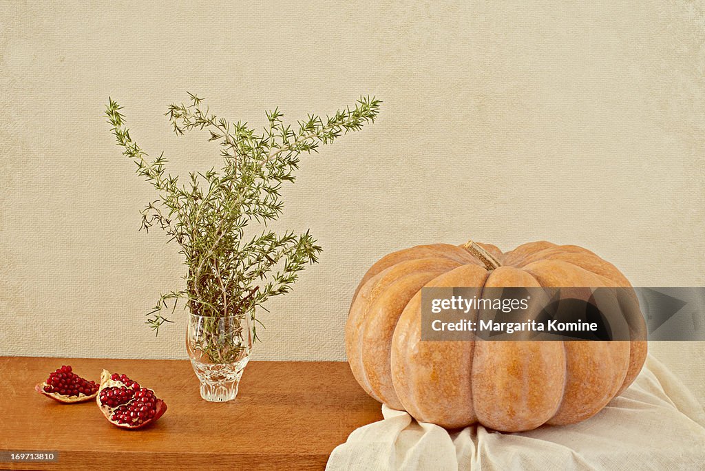 Cinderella pumpkin, rosemary and pomegranate
