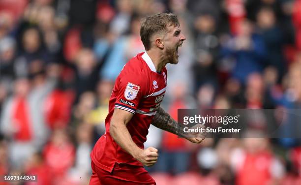 Riley McGree of Middlesbrough celebrates after scoring their first goal during the Sky Bet Championship match between Middlesbrough and Southampton...