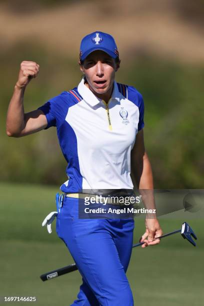 Carlota Ciganda of Team Europe reacts to a putt on the ninth green during Day Two of The Solheim Cup at Finca Cortesin Golf Club on September 23,...