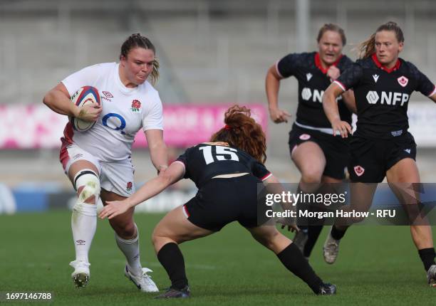 Sarah Bern of England is tackled during the Women's International match between England Red Roses and Canada at Sandy Park on September 23, 2023 in...