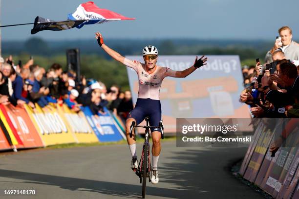 Mischa Bredewold of The Netherlands celebrates at finish line as European Champion winner during the 29th UEC Road Cycling European Championships...