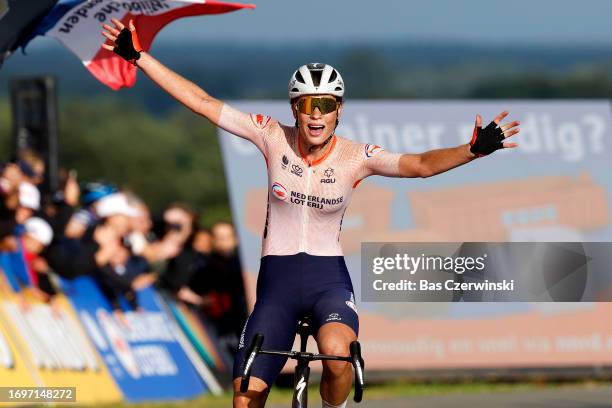 Mischa Bredewold of The Netherlands celebrates at finish line as European Champion winner during the 29th UEC Road Cycling European Championships...