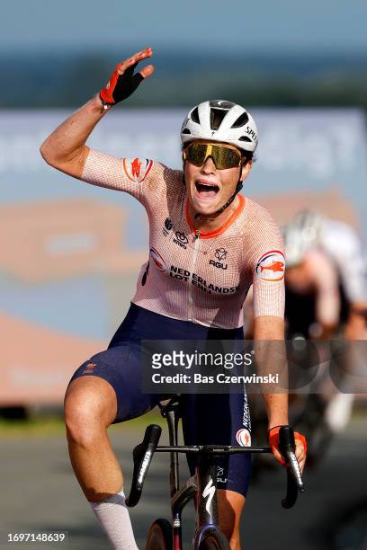 Mischa Bredewold of The Netherlands celebrates at finish line as European Champion winner during the 29th UEC Road Cycling European Championships...