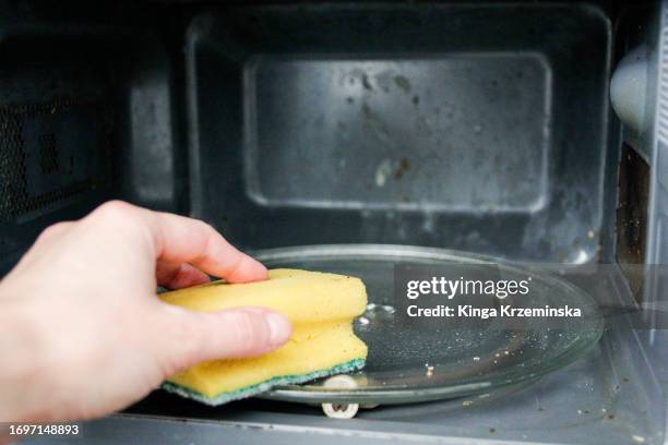 cleaning a microwave - spugna per le pulizie foto e immagini stock