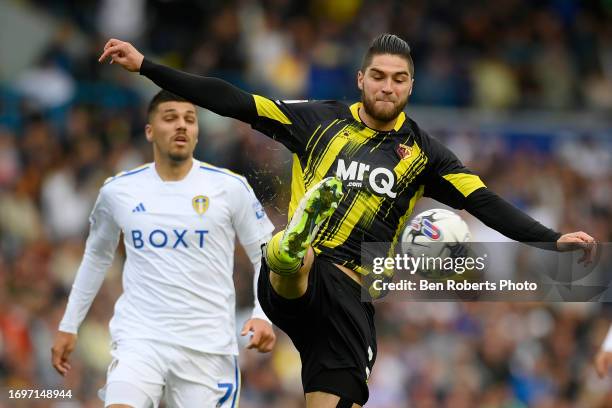 Wesley Hoedt of Watford clears the ball during the Sky Bet Championship match between Leeds United and Watford at Elland Road on September 23, 2023...
