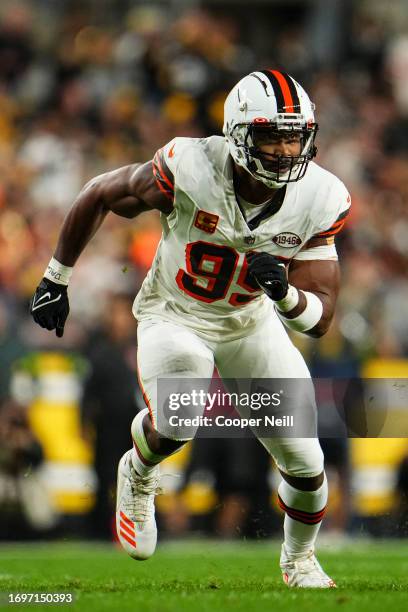 Myles Garrett of the Cleveland Browns rushes the passer at Acrisure Stadium on September 18, 2023 in Pittsburgh, Pennsylvania.