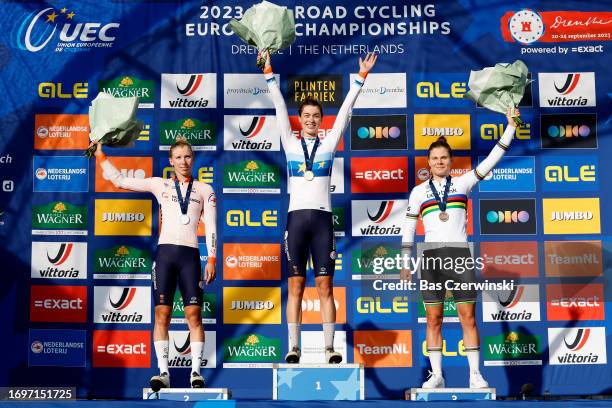 Silver medalist Lorena Wiebes of The Netherlands, gold medalist Mischa Bredewold of The Netherlands, and bronze medalist Lotte Kopecky of Belgium,...