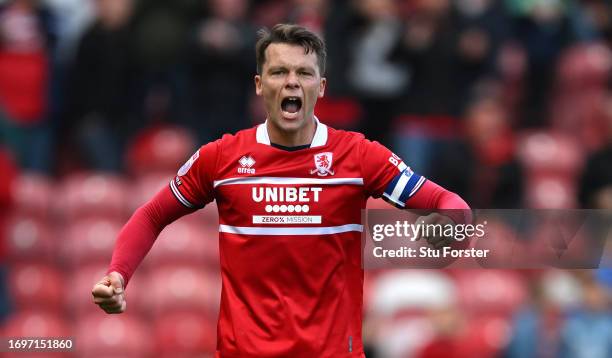 Middlesbrough player Jonny Howson celebrates after scoring the second Boro goal during the Sky Bet Championship match between Middlesbrough and...