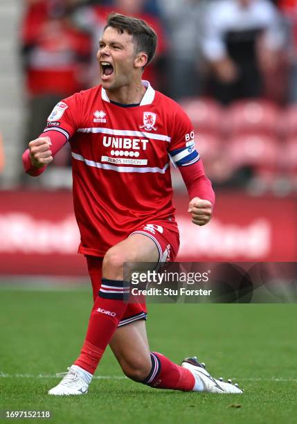 Middlesbrough player Jonny Howson celebrates after scoring the second Boro goal during the Sky Bet Championship match between Middlesbrough and...