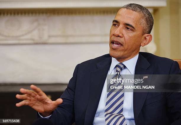 President Barack Obama speaks following a meeting with NATO Secretary General Anders Fogh Rasmussen in the Oval Office of the White House on May 31,...