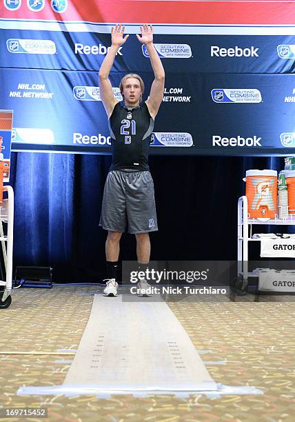 Keaton Thompson takes part in the 2013 NHL Combine May 31, 2013 at the International Centre in Toronto, Ontario, Canada.