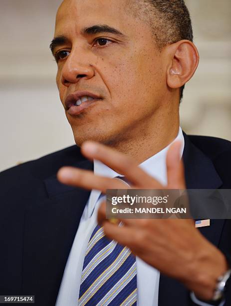 President Barack Obama speaks following a meeting with NATO Secretary General Anders Fogh Rasmussen in the Oval Office of the White House on May 31,...