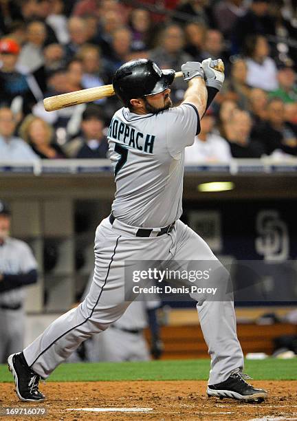 Kelly Shoppach of the Seattle Mariners plays during a baseball game against the San Diego Padres at Petco Park on May 29, 2013 in San Diego,...