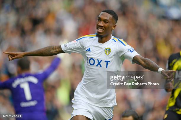 Jaidon Anthony of Leeds United celebrates his goal to make it 3-0 during the Sky Bet Championship match between Leeds United and Watford at Elland...